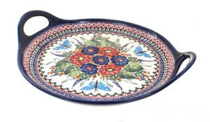Blaue Rose polnische Keramik Blumen Schmetterling rund Serviertablett mit Griffen - Bild 1 von 2
