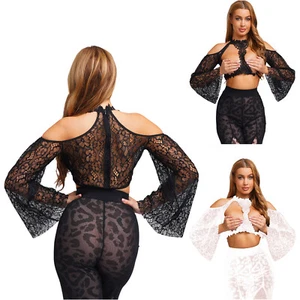 Women Off-the-shoulder Long Sleeve Floral Lace Crop Tops Cardigan Bolero - Picture 1 of 27