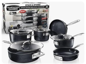 Granitestone 10 Stück Aluminium Antihaftbeschichtet Stackmaster Kochgeschirr Set mit Glasdeckel - Bild 1 von 2
