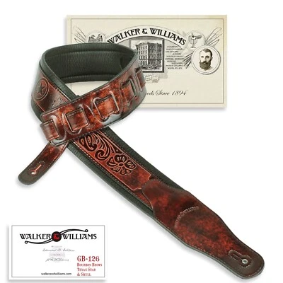Walker & Williams GB-126 Bourbon Brown Texas Star & Skulls Padded Guitar Strap - Image 1 of 4