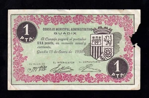 F.C. GUADIX (GRANADA) , 1 PESETA , MBC , ROTURA EN MARGEN DERECHO . - Picture 1 of 2