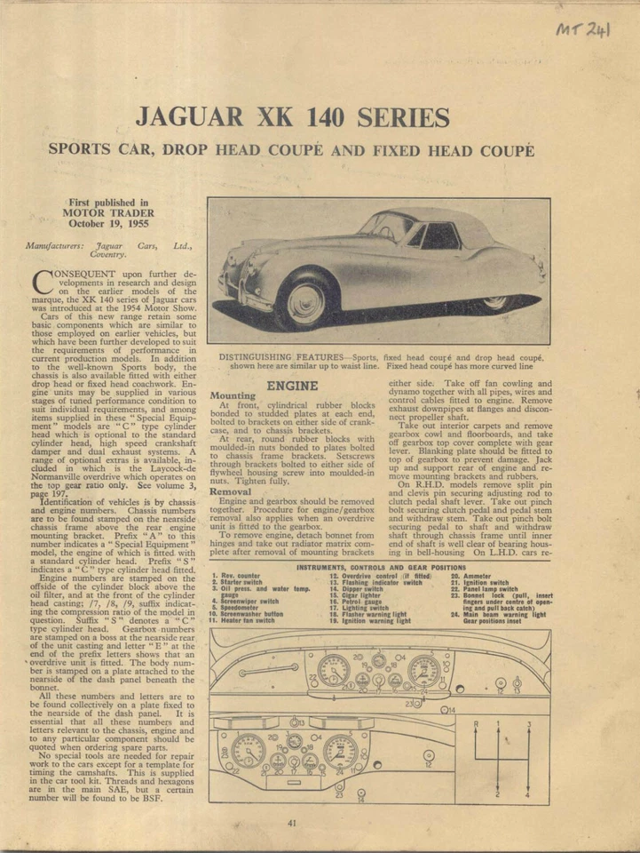 Jaguar XK140 1955 Modelos Motor Trader Datos de Servicio Nº 241 1955 Foto 1 de 1