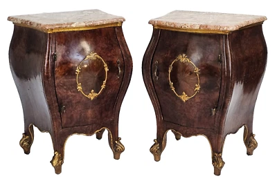 Pair Antique Italian Bombe Nightstands Marble Tops Burl Walnut Gilt Accent 1900s - Image 1 of 4