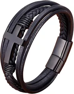 Leather Bracelet For Men Emo Couples Bracelets Friendship Cross Bracelets Gift - Picture 1 of 7
