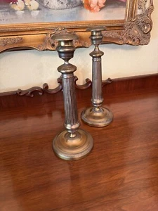 ANTIQUE PAIR OF 19C FRENCH EMPIRE GILT BRONZE CANDLESTICKS 11” - Picture 1 of 10
