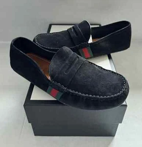 GUCCI New In Box Men's CMAK0 566294 Web Black Suede Loafers Shoes 9+ (US 9 .5) - Picture 1 of 9