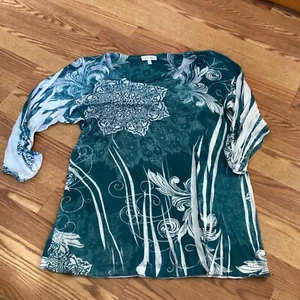 Fashion Bug Teal & White Bling 3/4 Sleeve Knit Top Size 2X - Picture 1 of 5