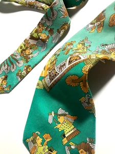 HERMES VINTAGE SCARF PRINT AMERICAN NATIVE TIE MURAL INDIAN TRIBE HIGH END GREEN - Picture 1 of 20