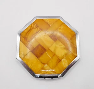 alte Puderdose mit Spiegel Bernstein butterscotch Ø 7,5cm - Bild 1 von 9