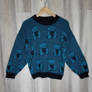 Adele Womens Vintage Teddy Bear Sweater 80s Retro Striped Knit Shoulder Pads - Picture 1 of 7