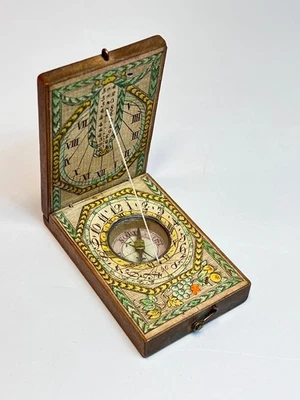 18c.Antique German Wооden Folding Dyptich Pocket Compass Sundial Painted Dail - Image 1 of 4