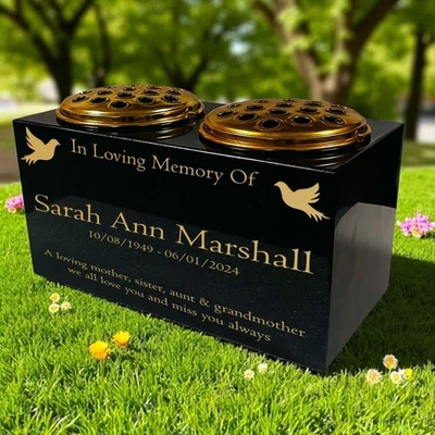 Granit Memorial Doppel Vase - Premium schwarz, Taube, 12x6x6 cm, inklusive Metall - Bild 1 von 4