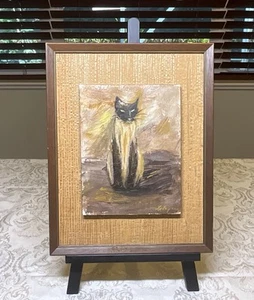 Pintura de gato firmada modernista mate hierba vintage años 60 a bordo mediados de siglo mod - Imagen 1 de 8