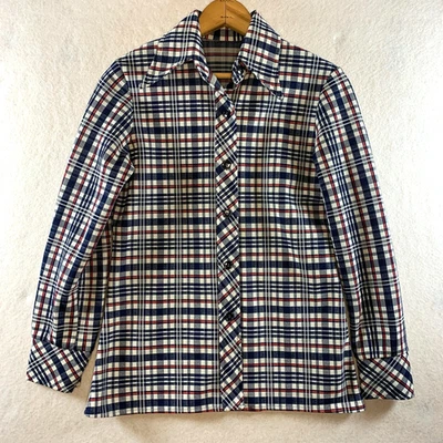 Винтажный 70-х женщин клетку кнопка верхний размер XS коттедж ретро Western гранж кинжал воротник - Изображение 1 из 4