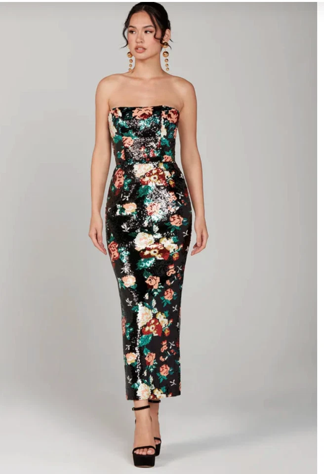 Vestido Midi Helsi Leslie Sin Tirantes Negro Floral Lentejuelas S Nuevo con Etiquetas Foto 1 de 1