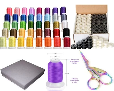 THREADNANNY Brother Embroidery Starter Kit - 40 Color/36 bobbins/100 Backing Paper/ scissors