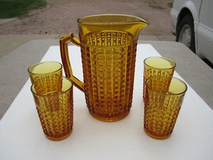 Antique Imperial Amber Waffle Block Tankard Water Pitcher With 4 Tumblers - Picture 1 of 6