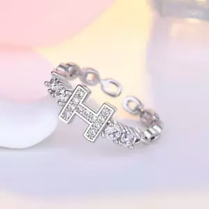 Fashion Letter H-Shape Silver Pave Cubic Zirconia White Gold GP Adjustable Ring - Picture 1 of 3
