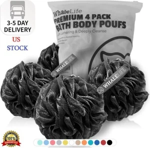 Shower Puff 4 Pack Black Bath Sponge Shower Loofahs Pouf Ball Nature Bamboo Char - Picture 1 of 8