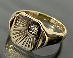 1960's 9K Yellow Gold Diamond Sunburst Signet Ring Size T 1/2 - 10 1/4 - Picture 1 of 9