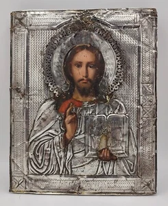 Antica Icona Russa con  Rizza In Argento Cristo  Pantokrator - Marchio: 84 Mosca - Foto 1 di 14