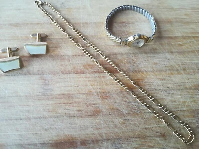 Herren / Damen Schmuck-Manschettenknöpfe-Kette-Uhr-silber/goldfarben-Perlmutt - Bild 1 von 4