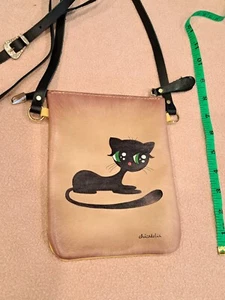 Chicatolia Handmade Hand painted Genuine Leather Crossbody Black Cat Bag - Picture 1 of 6