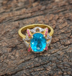 Natural Oval Cut Blue Topaz Gemstone Ruby & Pave Diamond Floral 925 Silver Ring - Picture 1 of 7