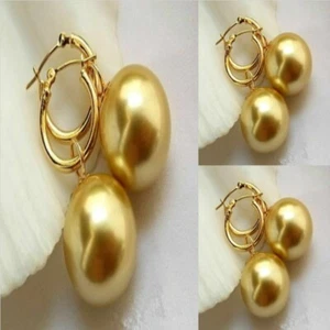 Wedding Huge 14 mm Shell Pearl 18K Gold Hoop Dangle Earrings Men Everyday - Picture 1 of 4