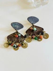 Star Flashy Earrings VTG Patina Glass Pierced Enamel Distressed dangle Chunky - Picture 1 of 5