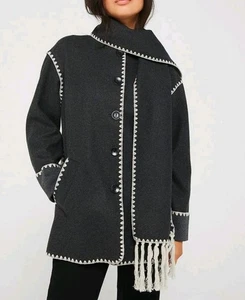 Only Long Sleeve Button Front Scallop Edge Scarf Coat, Dark Grey Melan, Size S - Picture 1 of 7