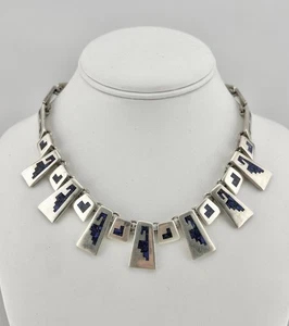 Modernist Mexican Taxco Sterling Silver Chip Lapis Lazuli Necklace 16"-104.8g - Picture 1 of 8