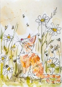 NEW! ACEO Watercolor Painting big CAT flowers Funny Original Art card signed - Picture 1 of 5