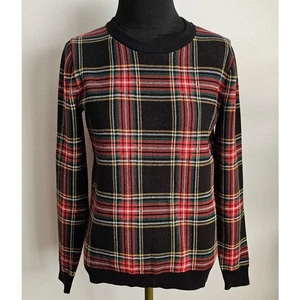 EUC J. Crew Cotton Plaid Preppy Black Stewart Tartan Pullover Teddie Sweater XS - Picture 1 of 8