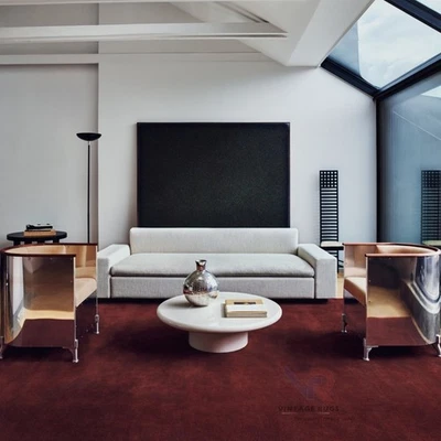 Handmade Wool Rug 8x10 Burgundy Modern Minimalist Tufted Area Carpet Living Room - Image 1 of 4