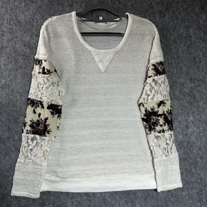 Miss Me Shirt Womens Small Ivory Cream Lace Floral Boho Pullover Long Sleeve Top - Picture 1 of 10