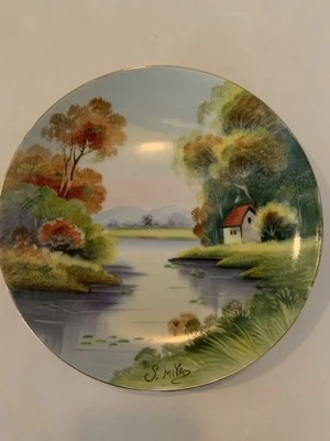 Placa de ouro vintage ocupada japonesa pintada à mão porcelana 9,5” diâmetro - Imagem 1 de 4