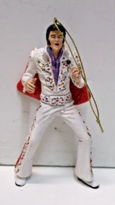 Elvis In Tuta Bianca Accenti Rossi Microfono che tiene Decorazione Albero di Natale - Foto 1 di 4