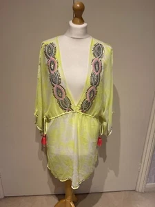 RIVER ISLAND, WOMENS, SWIM WEAR COVER, YELLOW AND PINK WITH TASSLES. SIZE MEDIUM - Picture 1 of 8