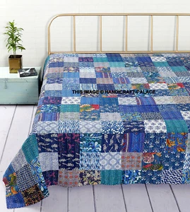 Blue Theme Patchwork Kantha Quilt Bedspread Kantha bed Cover Kantha Bedding King - Picture 1 of 4