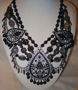Schwarz Ton Metall Strass Perlen Statement Latz Kostüm 16" Schmuck Halskette - Bild 1 von 5