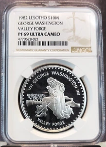 1982 LESOTHO SILVER 10 MALOTI WASHINGTON VALLEY FORGE NGC PF 69 ULTRA CAMEO - Picture 1 of 3