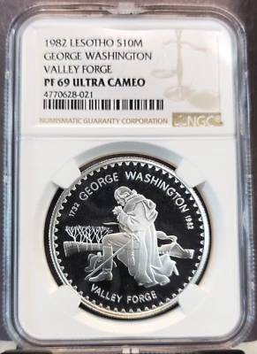 1982 LESOTHO SILVER 10 MALOTI WASHINGTON VALLEY FORGE NGC PF 69 ULTRA CAMEO - Image 1 of 3