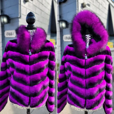 Mens Real Rex Rabbit Fur Jackets Chinchilla Natural Fox Fur Trim Hood Outerwear - Image 1 of 4