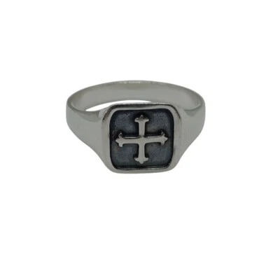 Sterling Silver Men Signet Ring Cross Fleury Stamped 925 Nickel Free Comfort Fit - Image 1 of 4