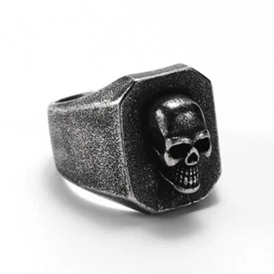 Retro Gray Skull Square Signet Ring Stainless Steel Biker Punk Ring Size 7-13 - Picture 1 of 5