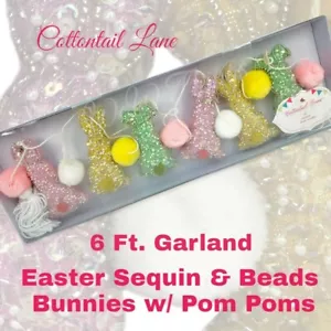 EASTER BUNNIES W/ SEQUINS & BEADS W/ POM POMS 6 FT. GARLAND | NIB - Picture 1 of 9