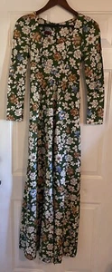 Vintage Phase II California Maxi Hippie Green Floral Dress Back Tie 3/4 Sleeves - Picture 1 of 10