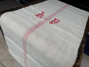 Alter handgewebter Leinen Sack rote Mittelstreifen gesticktes Prunkmonogramm - Bild 1 von 10