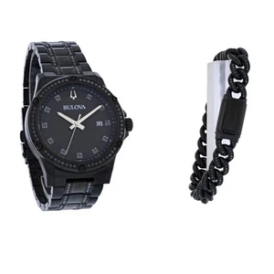 Bulova Crystal Men's Black ION Plated Bracelet Set Quartz Watch 98K119 - Picture 1 of 3